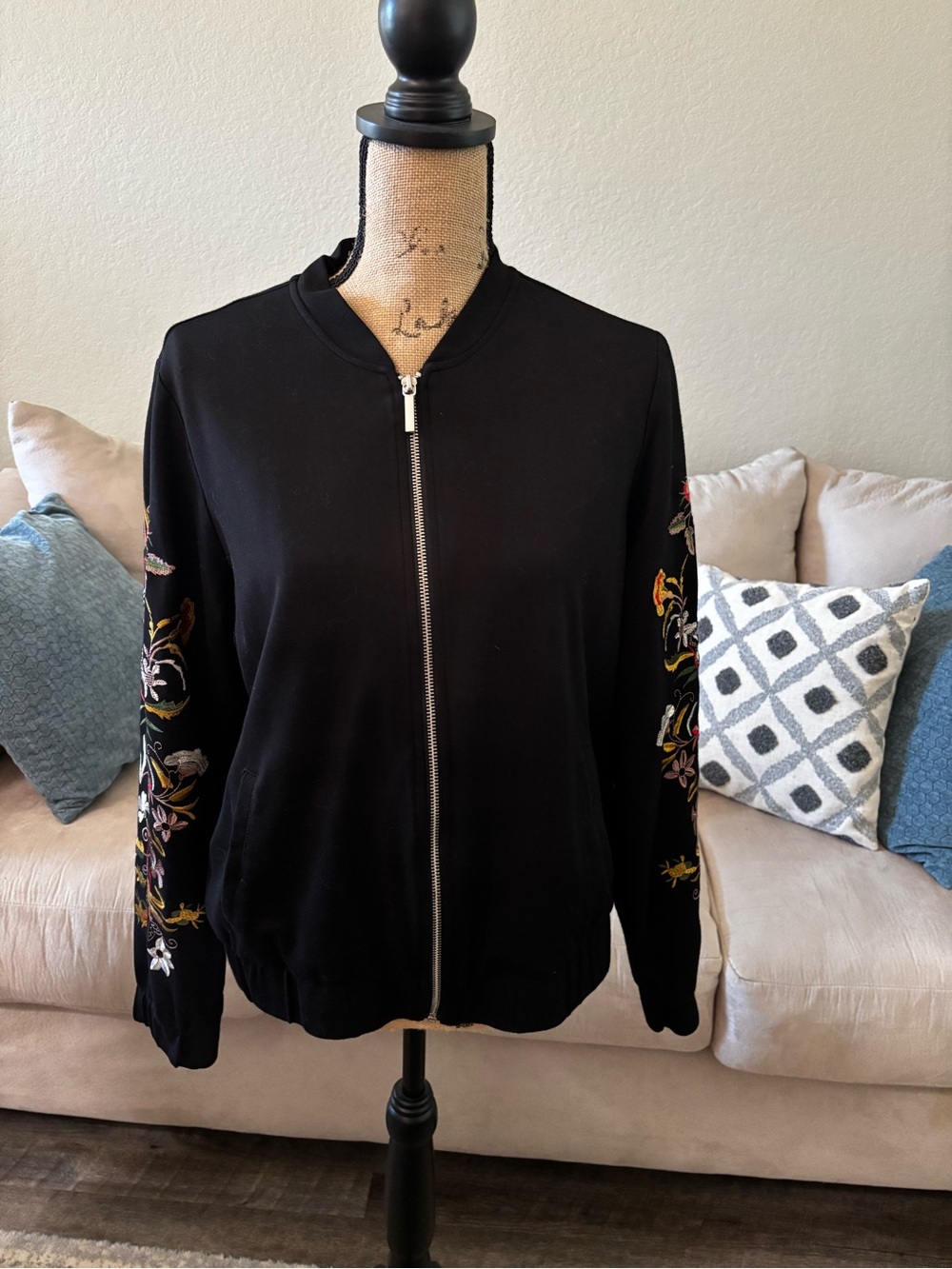 Du Jour Black Zip-Front Bomber Jacket with Floral Sleeve Embroidery